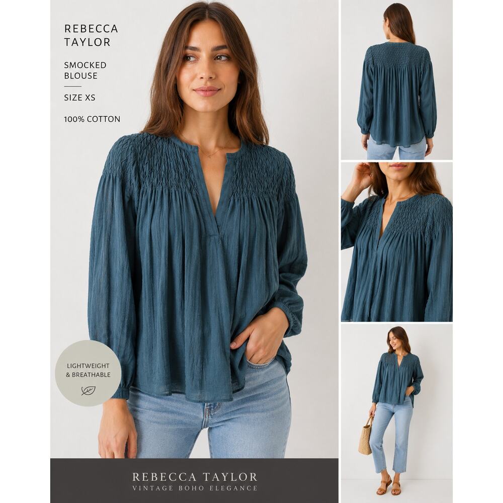 Rebecca Taylor Silk Smocked Blouse Teal Boho Peasant Top 4